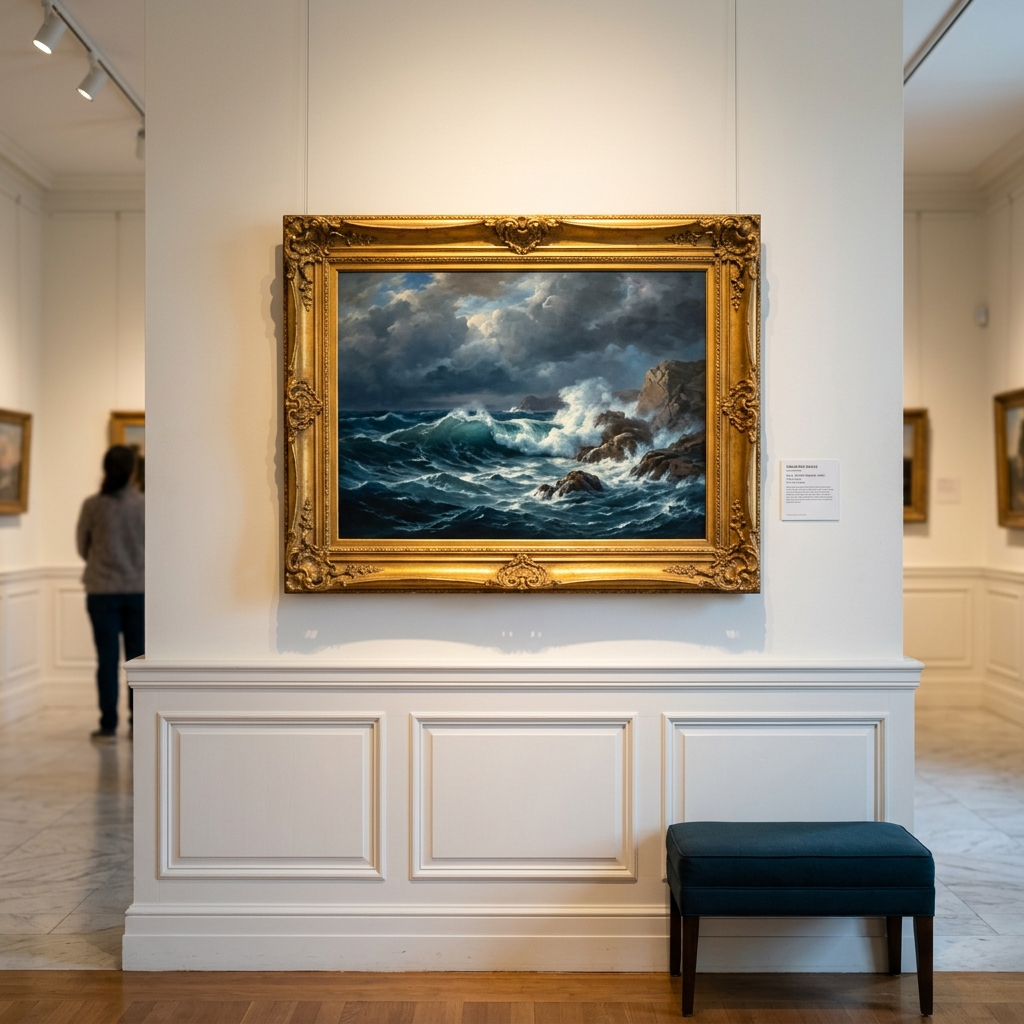 Original seascape painting hanging in the Cloud Galleria art showcase